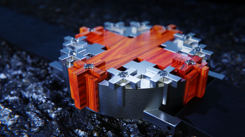 UnconstrainedTime Cross #1 watch in silver with yew wood on a rough stone surface