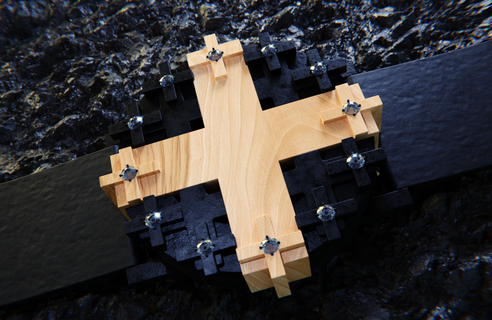 UnconstrainedTime Cross #1 watch in blackened silver with aspen wood, on a rough rock surface
