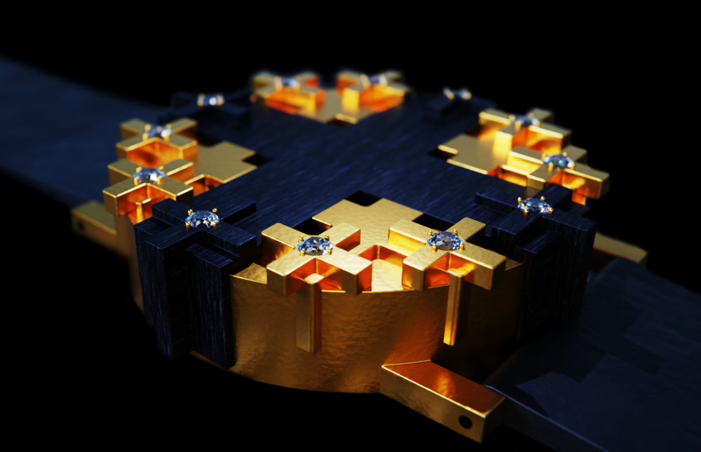 UnconstrainedTime Cross #1 watch in ebony and gold, on a black surface.