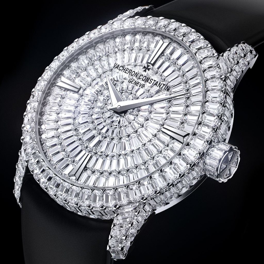 Vacheron-constantin diamond watch. on a black background, as an example of fine jewellery influence on watchmaking