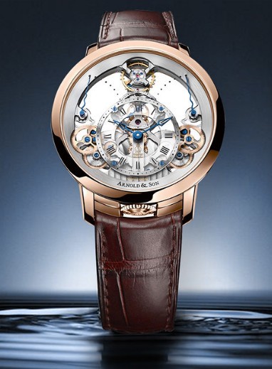 Arnold & Son watch, vertical, touching water surface - a luxury British watch brand.