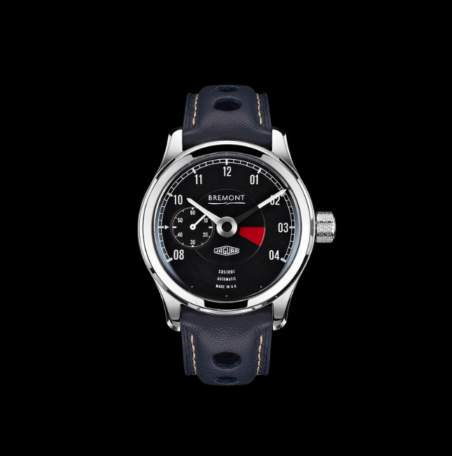 Bremont watch, black dial with small red area, isolated on black background - a luxury British watch brand.
