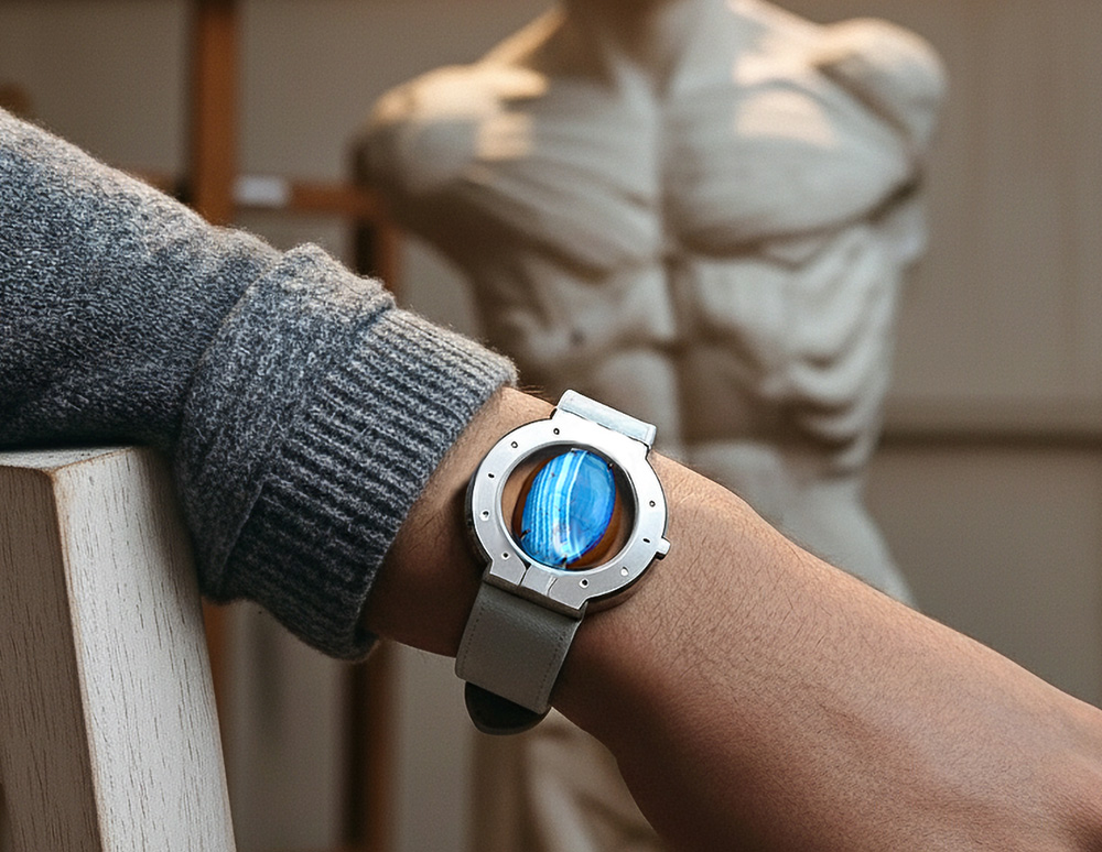 UnconstrainedTime Stone-hold watch worn on a wrist with art studio background.