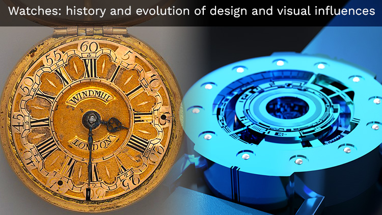 Title image: Watches: history and evolution of design and visual influences. Showing an old watch and a unique contemporary one.