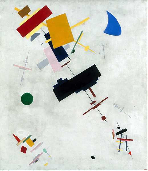Kazimir Malevich mathematical art, geometric shapes in various colours, on a white painted background