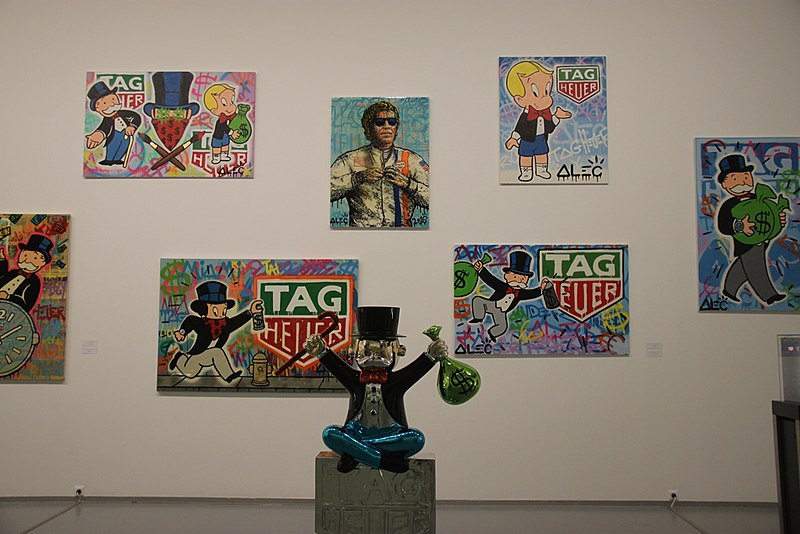 Alec Monopoly art exhibition with images incorporating the Tag Heuer logo