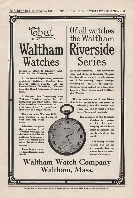 early Waltham watch ad, focused on acclaim and popularity