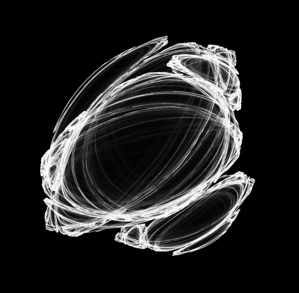 Flame fractal, black and white, on black background.