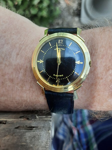 Hamilton Electric 500, the first electric watch, worn on a wrist