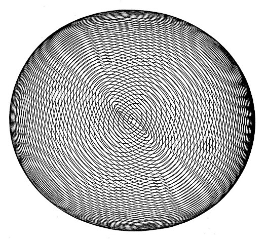 Harmonogram, created by a twin elliptic harmonograph, black on white background.