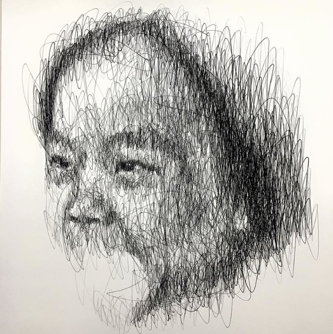 drawing by Hom Nguyen, of a man's head with the mouth missing
