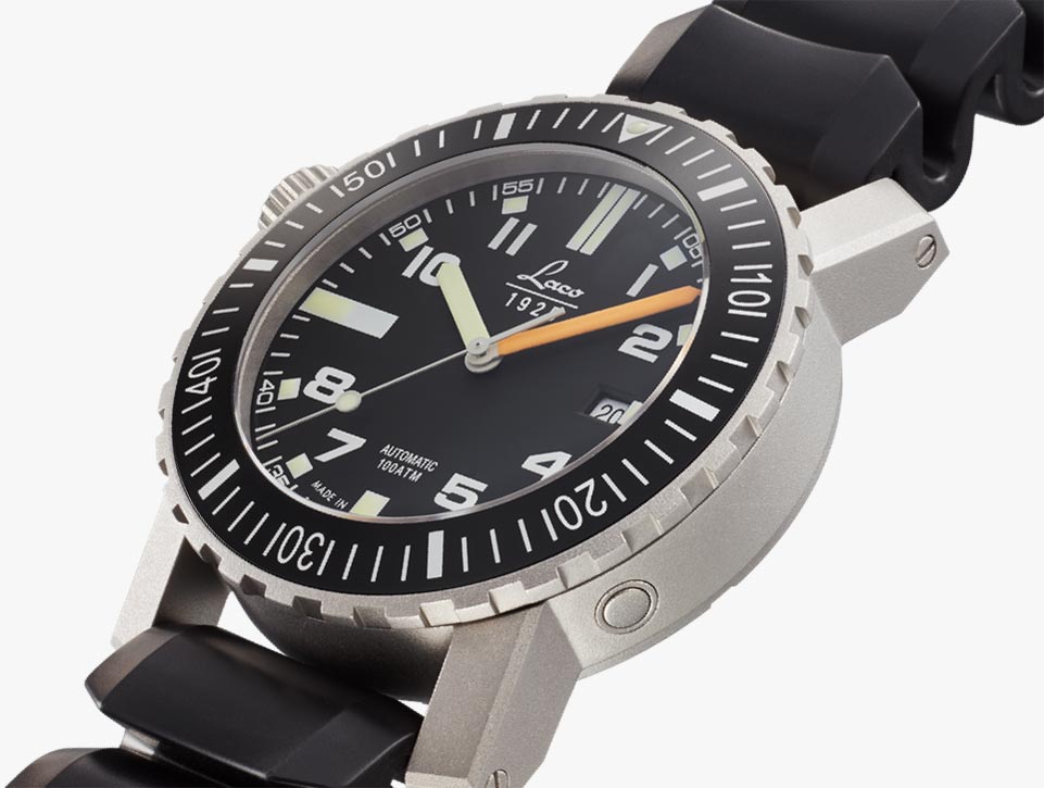 Laco Squad watch, angled view, on pale grey background