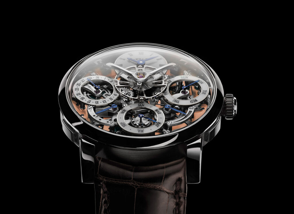 MBandF LMPerpetual Stainless Steel watch, beautiful engineering with exposed mechanism, angled view, on black background.