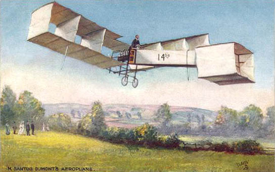 pioneering Brazilian aviator Alberto Santos-Dumont flying an early airplane, painting