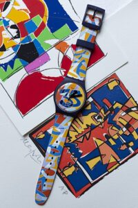 Swatch Ugo Limited Edition, Ugo Nespolo, with other art by the artist.