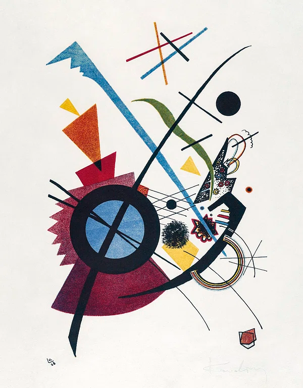Kandinsky abstract painting, showing differently coloured shapes on paper.