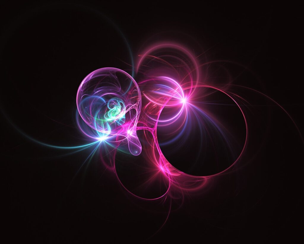 2D flame fractal, purple, blue and white on black background