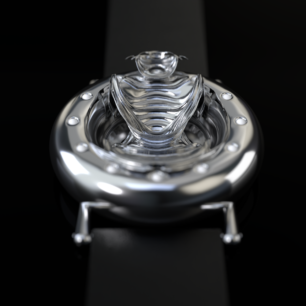 UnconstrainedTime Fractal Emergence watch in platinum, on a black surface.