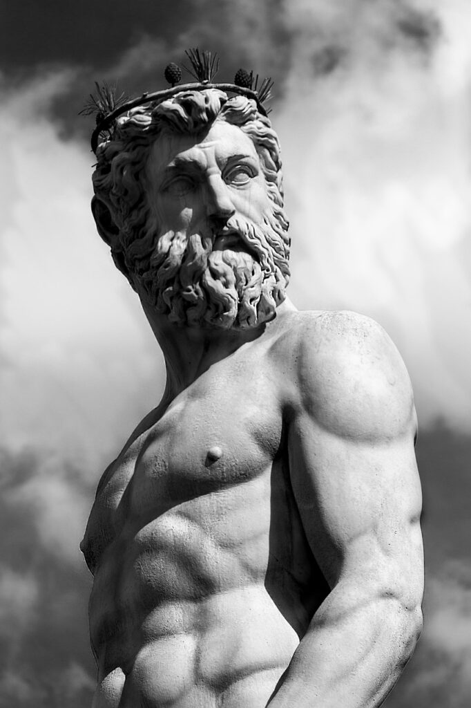 classical style statue of a man, black and white