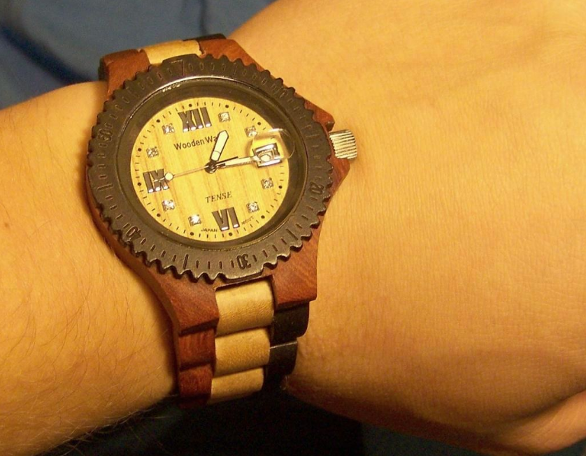 Tense Wood Watch, worn on a wrist