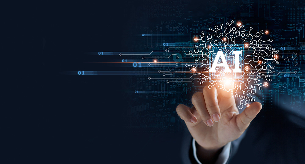 AI concept illustration with network and finger pointing, on dark blue background