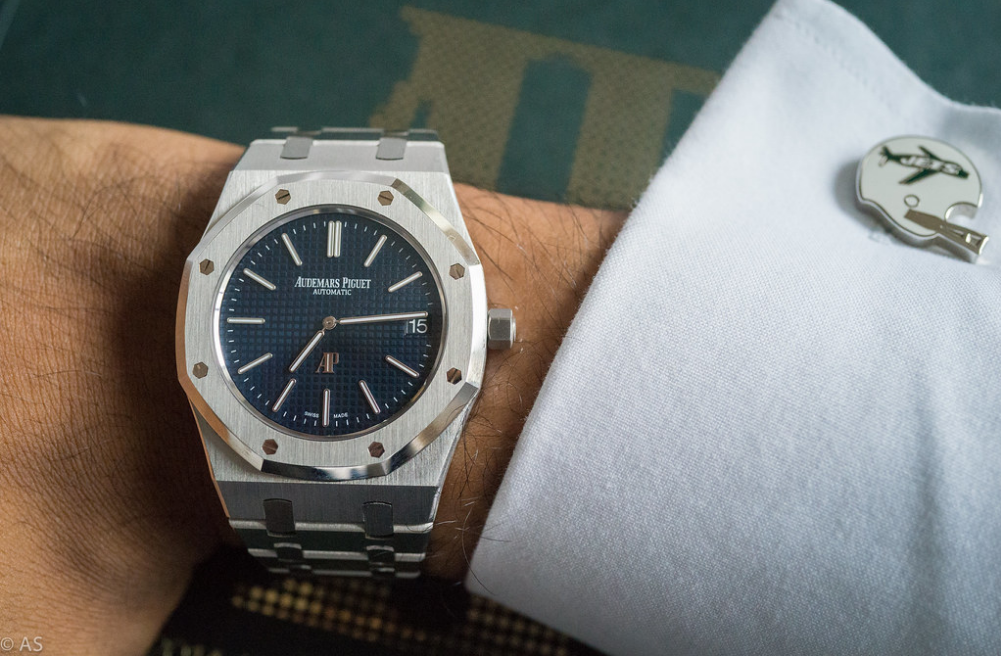 Audemars Piguet Royal Oak Jumbo watch, shown worn on man's wrist.