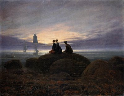painting by Caspar David Friedrich, beautiful sunset with people sitting on rocks and ships in the ocean
