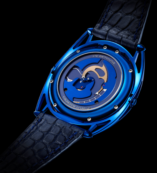 De Bethune DB28 watch back showing aesthetic movement, blue metal, against black background