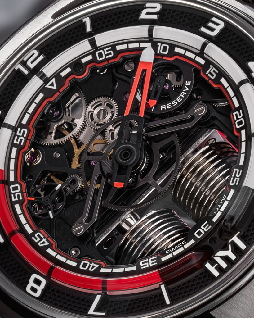 HYT Hastroid SilverRed CloseUp - a watch with a unique time display, closeup/detail, with red liquid display