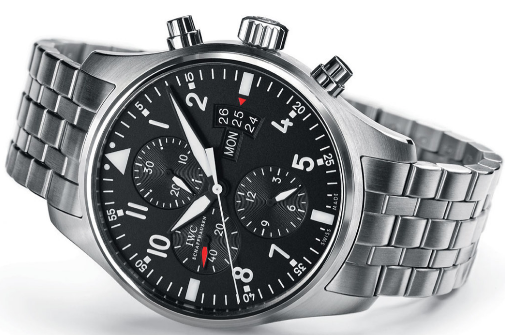 IWC Schaffhausen's Pilot's Watch, black dial, on white surface.