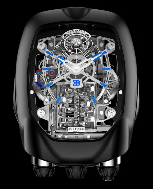 Jacob & Co. Bugatti Chiron Tourbillon aesthetic watch, showing model engine, on black background