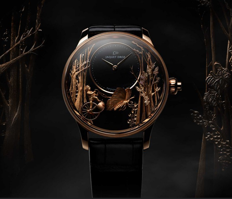 Jaquet Droz Loving Butterfly Automaton watch, dark background.