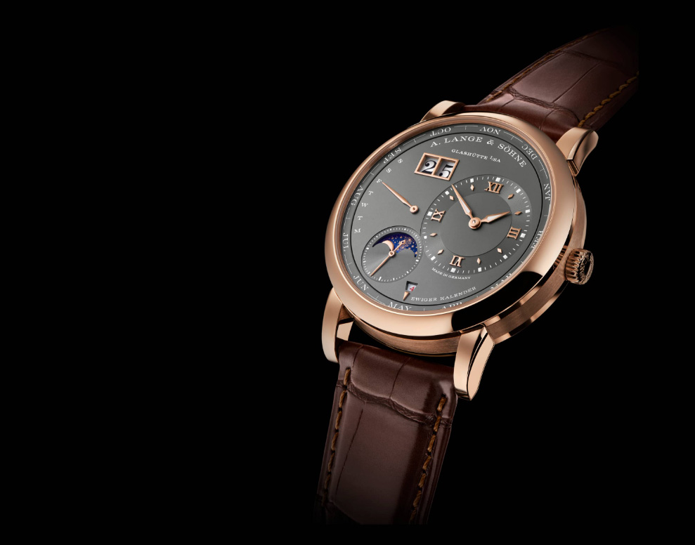 Lange 1 Perpetual Calendar watch, on black background