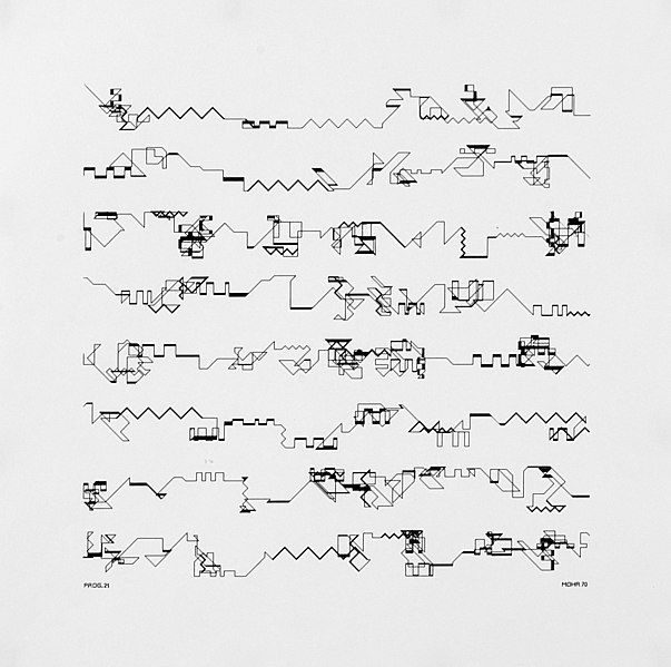 Manfred Mohr algorithmic music design example, image made on a plotter, black on white background