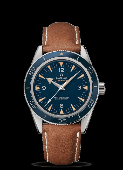 Omega Seamaster watch - worn by James Bond, blue dial, gold markers,  vertical, on black background.