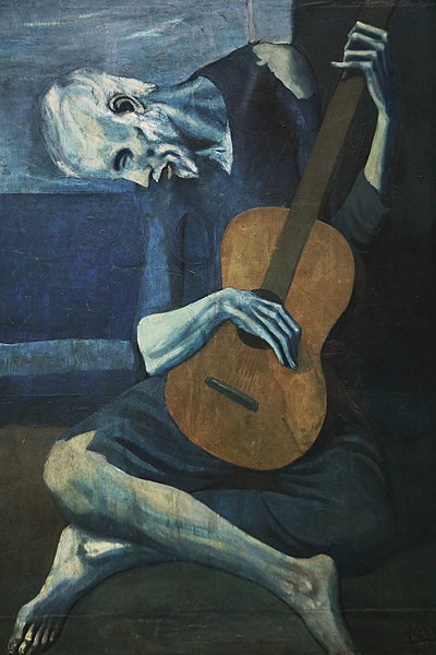 The old guitarist by Pablo Picasso, mostly in blues with natural wood coloured guitar