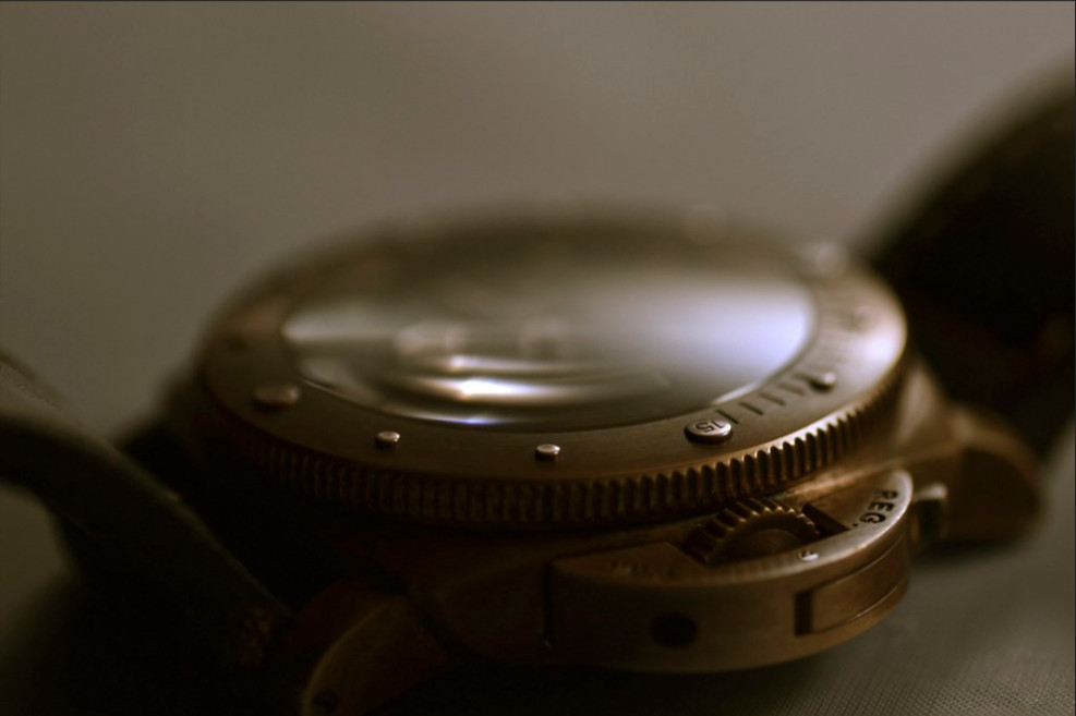 Panerai bronze watch, side view with shallow depth of field