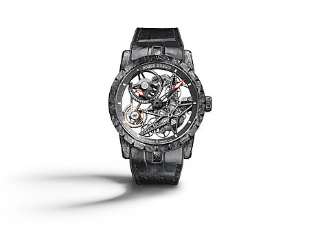 Roger Dubuis Excalibur Automatic Skeleton in Carbon RDDBEX - an unusual watch, on white surface with shadow