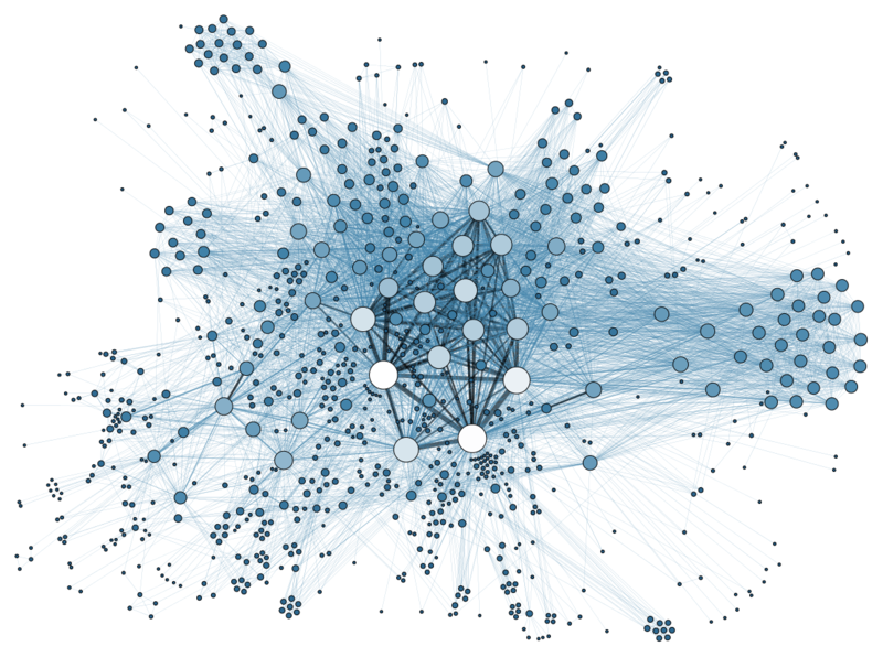 Data Visualization of a social network, circles and blue lines on white background, as an example of algorithmic design