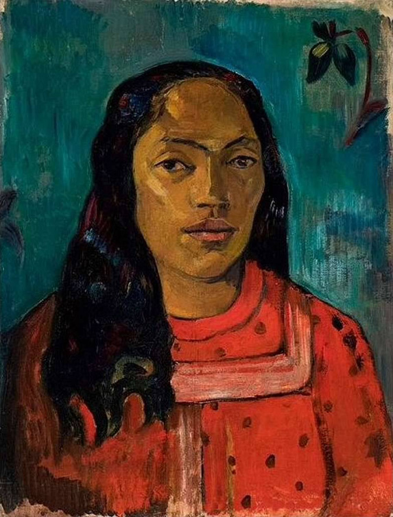 Teuraheimata a Potoru by Paul Gauguin, 1891, painting, woman, red with green/blue background.