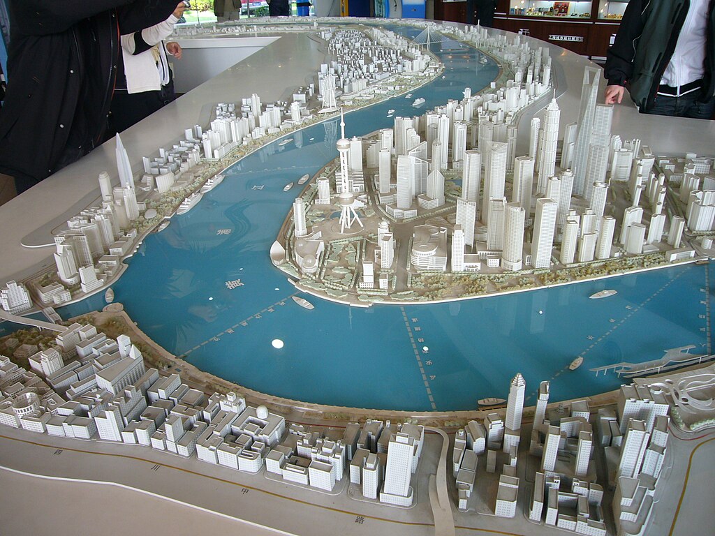 Urban planning 3D model, white buildings with blue river