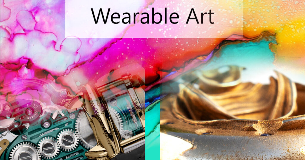Wearable art - title image with closeups of 2 watches and bright colourful abstract art