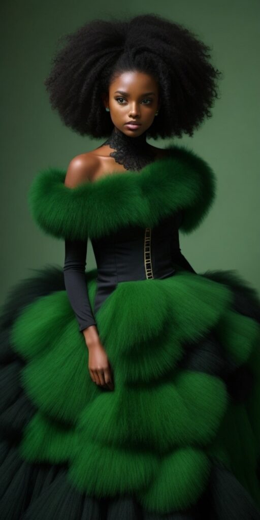 example of algorithmic design in fashion, AI fashion image, green and black fluffy dress