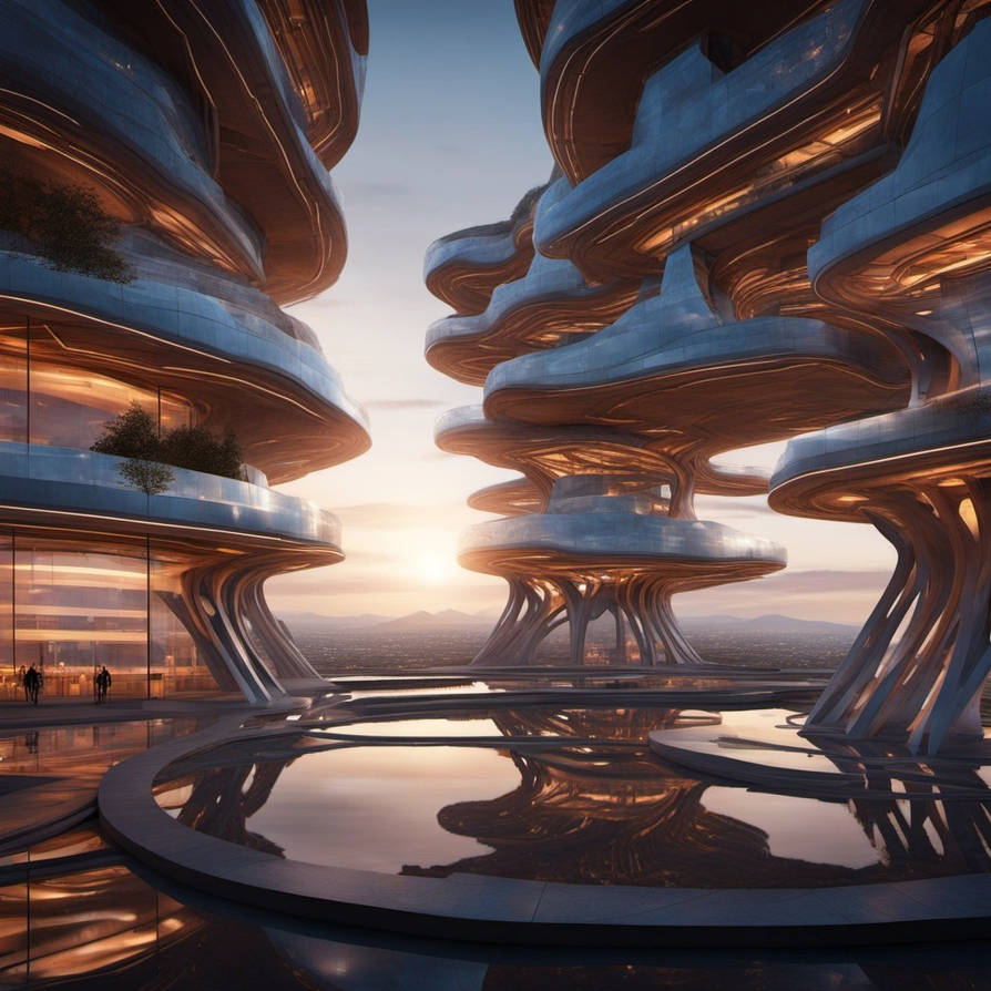 generative algorithmic design in architecture, example of futuristic buildings with distant landscape
