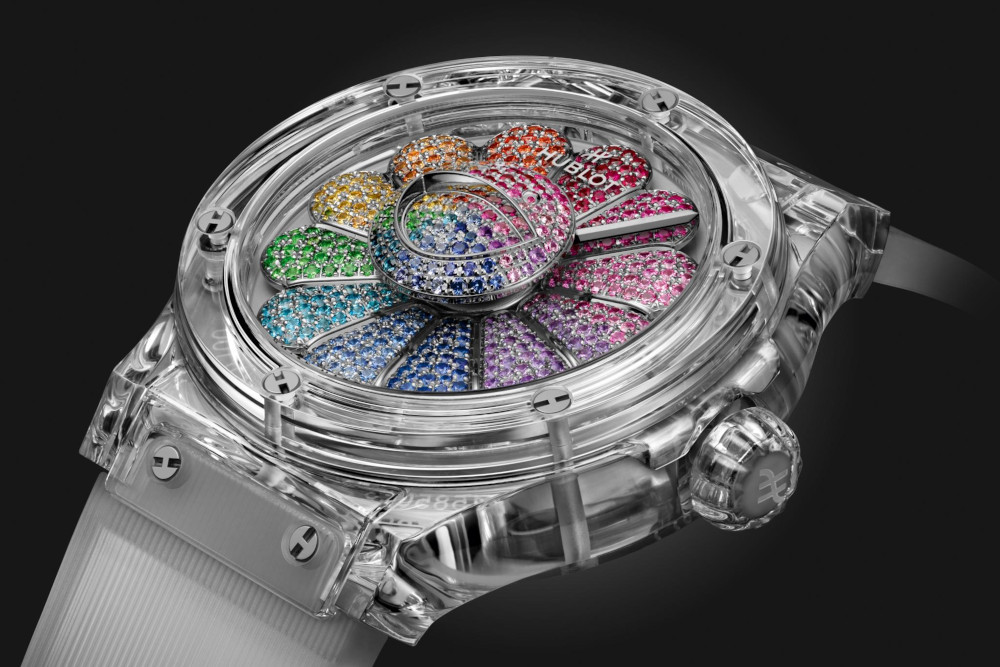 Hublot Classic Fusion Takashi Murakami Sapphire Rainbow, on dark background