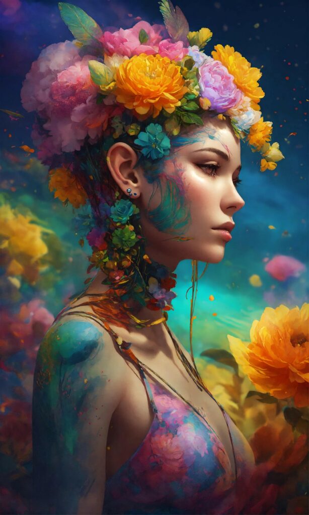 example of algorithmic design in fashion, AI fashion image, colourful with flowers