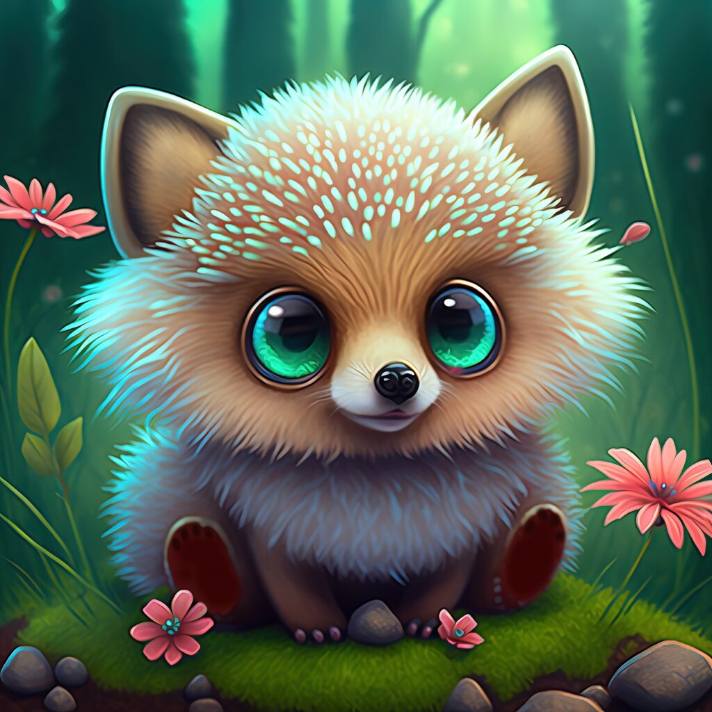 AI image of a baby hedgehog in landscape with flowers, as an example of algorithmic design