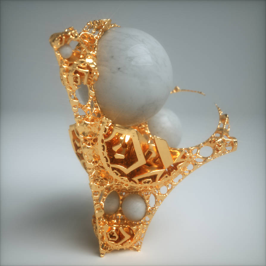 3D fractal Mandelbulb jewellery an example of complex geometry designed by an algorithm, gold and marble on white background