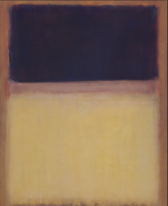 Mark Rothko painting, maroon and cream patches on orange background