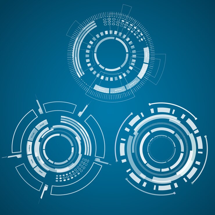 3 techno circle graphics, white on blue background